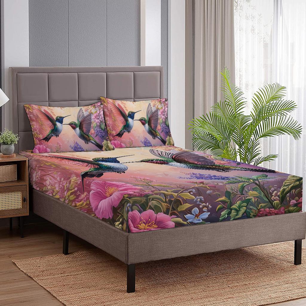 Pink Three-Piece Hummingbird Bed Set With 2 Pillowcases For Bedroom Living Room Decor