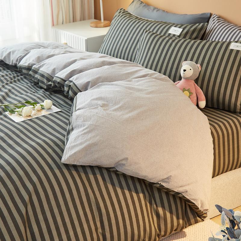 Unbedrucktes, vierteiliges, dreiteiliges, gewaschenes Bettbezug-Bettwäscheset im japanischen Stil mit kariertem Bettbezug