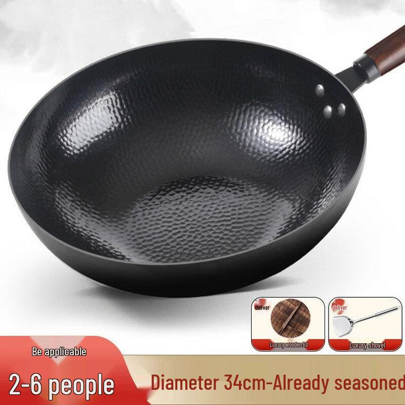 Wutuo 34cm Pre-Seasoned Fish Scale Iron Wok with Fir Wood Lid
