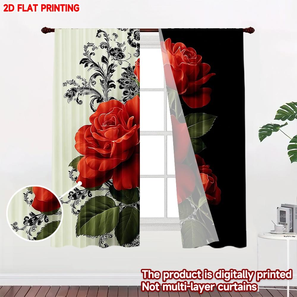 Flat Printing Happy Valentine Day Party Curtain Rose Rhythm Print Digital Printed Polyester Drapes Festive Holiday Use Curtains Set Of 2 Made