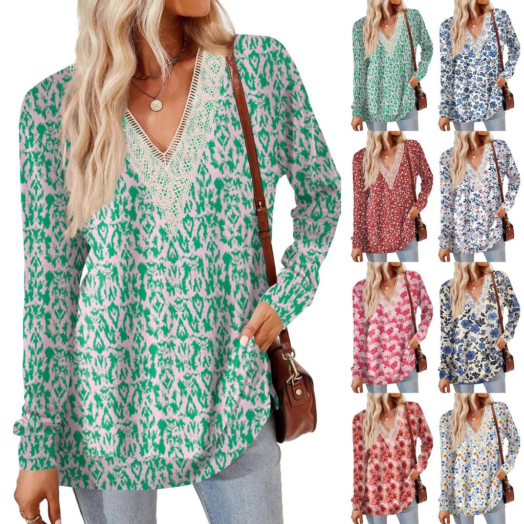 Womens Tops Loose V-neck Contrast Color Split Loose Long Sleeve T-shirt Women's Tops