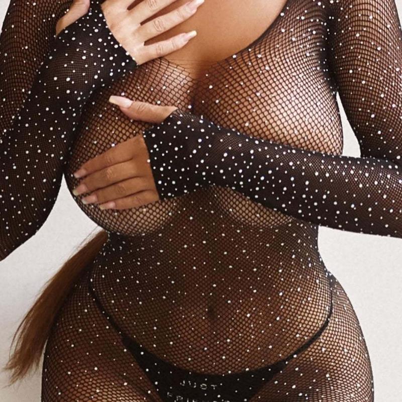 Sexy Women's Bodysuit Diamond Fishnet Tights Mesh Pantyhose Babydoll Rhinestone Nylons Shiny Pantyhoses Collant Hosiery Fish Net