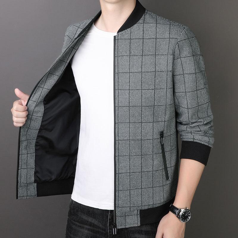 Spring and Autumn Jacket Men's Jacket Business Casual Young and Middle-aged Simple Fashion Baseball Collar Plaid Jacket Men's Clothing