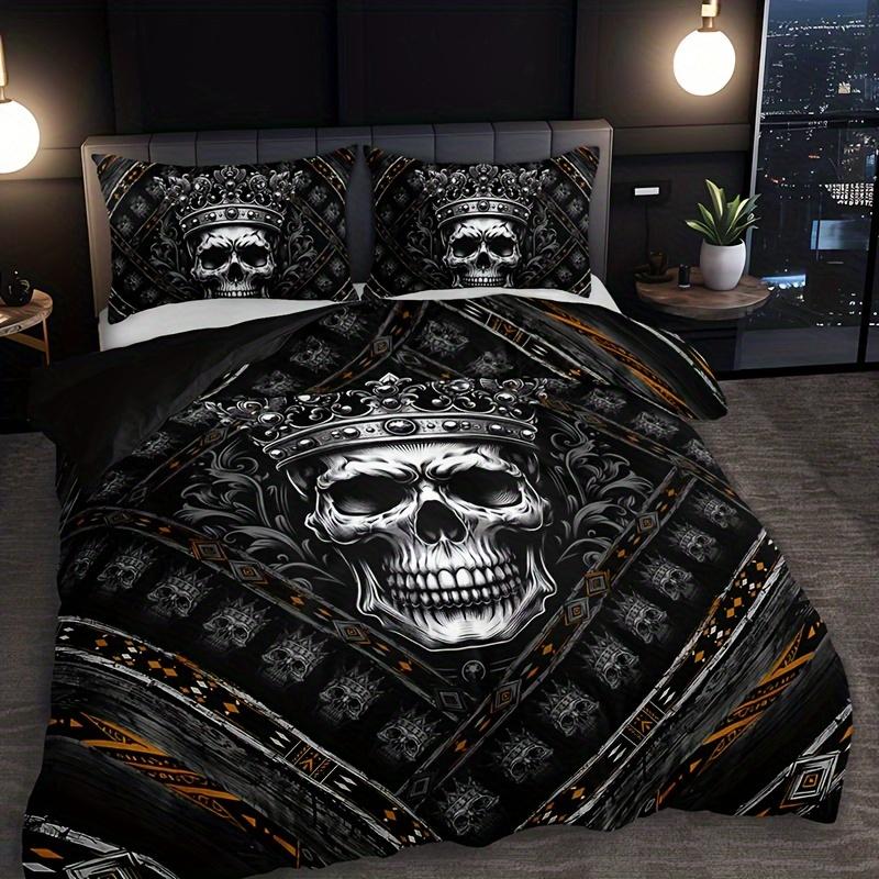 3pcs Skull Crown Pattern Duvet Cover Set, 100% Polyester, Breathable All-Season Bedding, Machine Washable, Digital Print