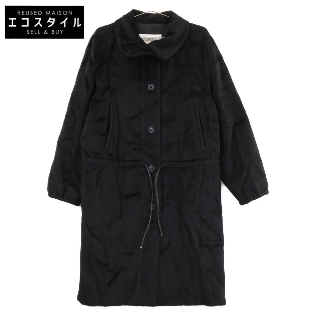 Max Mara Black 70% alpaca 30% wool leather drawcord soutien collar coat coat 42 blackUsed