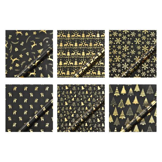 Christmas Reversible Wrapping Paper Roll Black Gold Foil Christmas Tree Snowflake