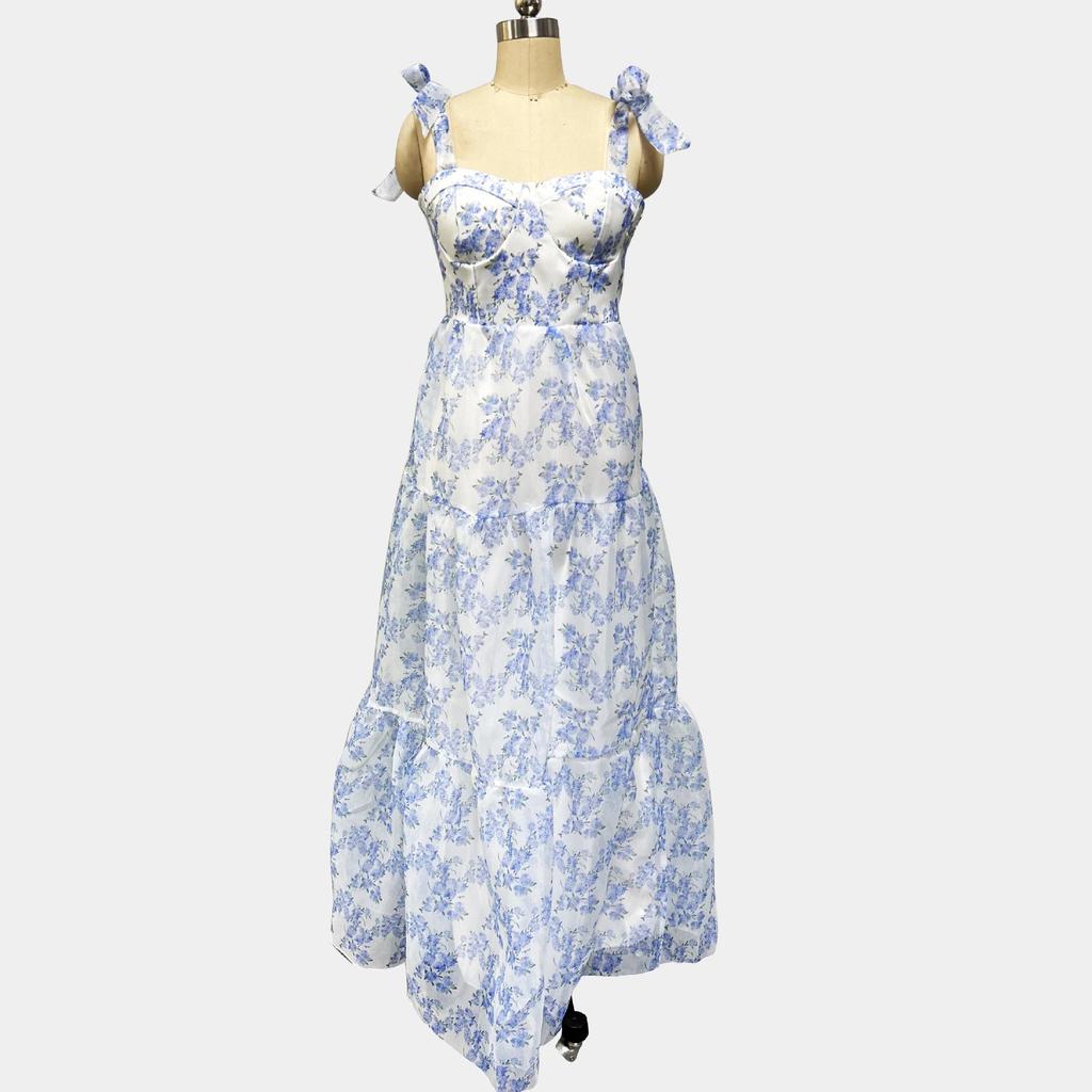 European & American Floral Organza Sleeveless Strappy Dress