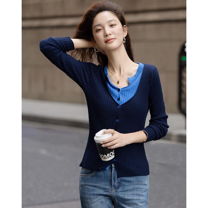 Demana Women's Wool Blend Faux Two-Piece V-Neck Cardigan
