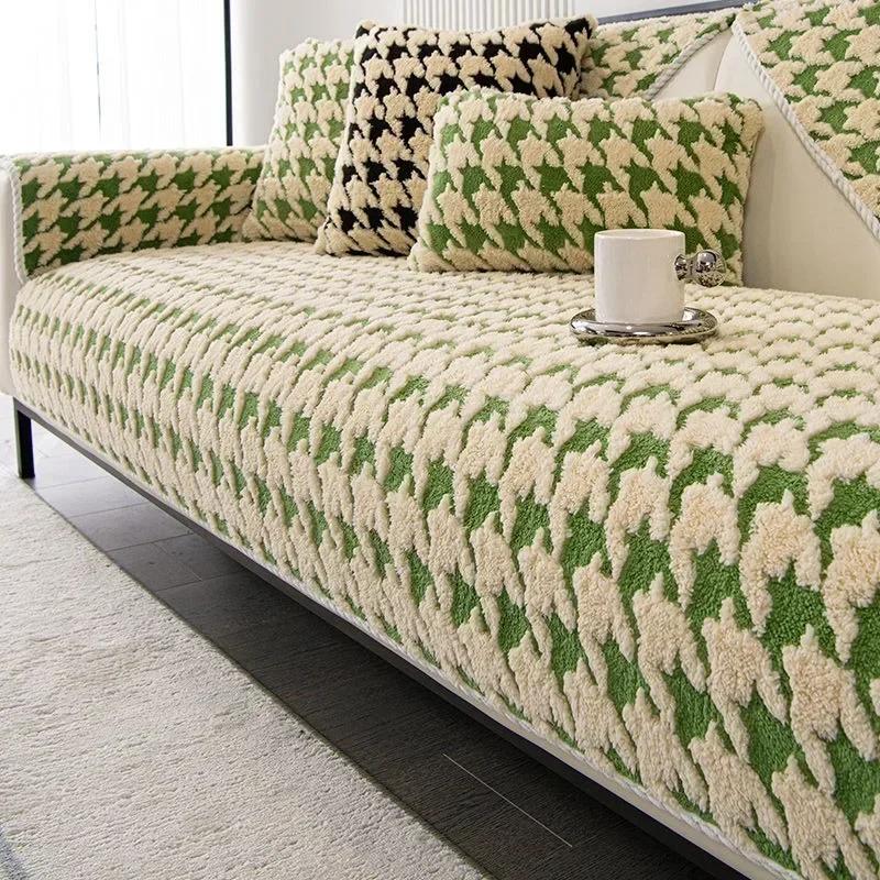 Winter Thick Short Plush Sofa Cushion Advanced Black White Checkered Anti Slip Plush L Sofa Towel Dust 3 Seat Cover Cloth