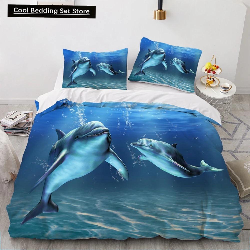Dolphin Ocean King Queen Duvet Cover Cute 3D Sea Animal Bedding Set for Kids Teens Adults Shoal of Fish Blue 23pcs Quilt Cover