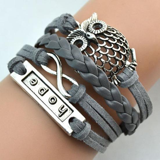 Multilayer Infinity Owl Charm Handmade Leather Bracelet Cuff Bangle Chain