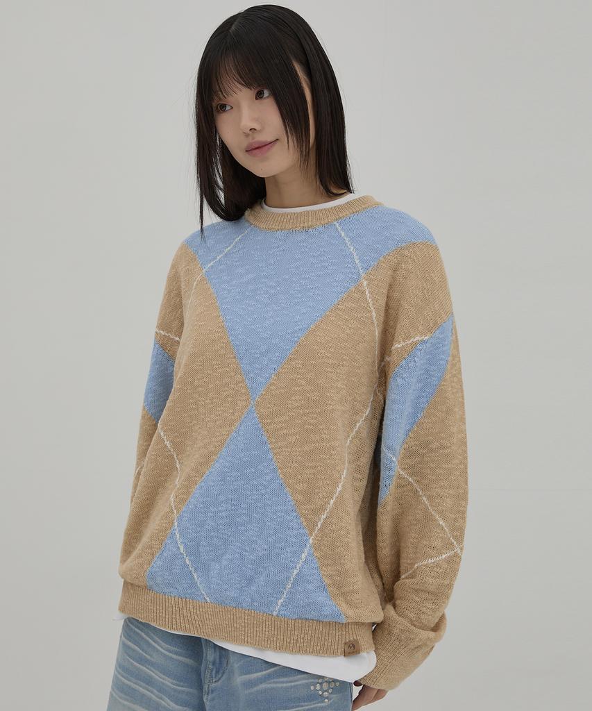 WAIKEI Big Argyle Boucle Knit Sky Blue