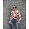 Plus Size Leopard Print V Neck Off The Shoulder Long Sleeved Top for Women