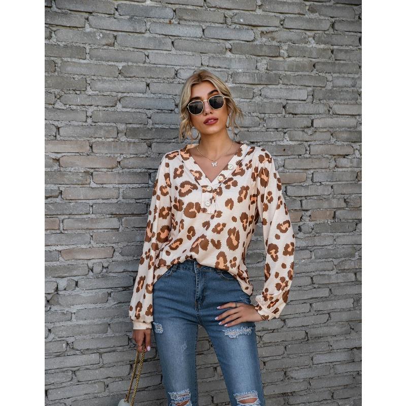 Plus Size Leopard Print V Neck Off The Shoulder Long Sleeved Top for Women