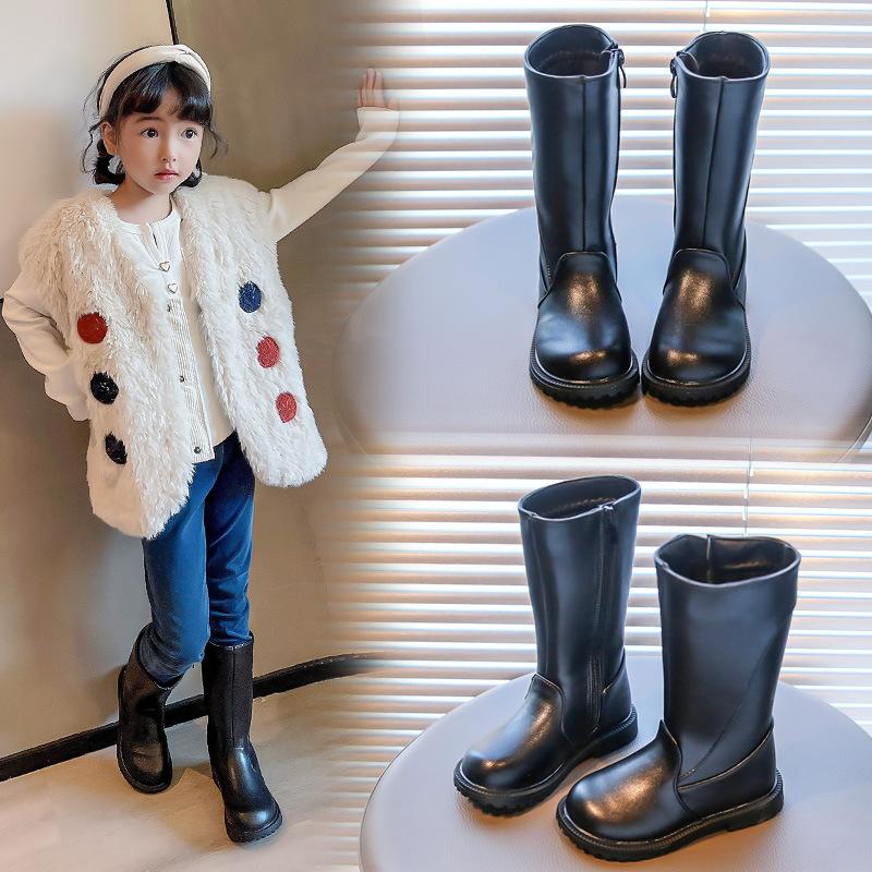 Bottes en cuir simples pour enfants à la mode Bottes longues pour filles Bottes en cuir Bottes en coton chaudes en polaire