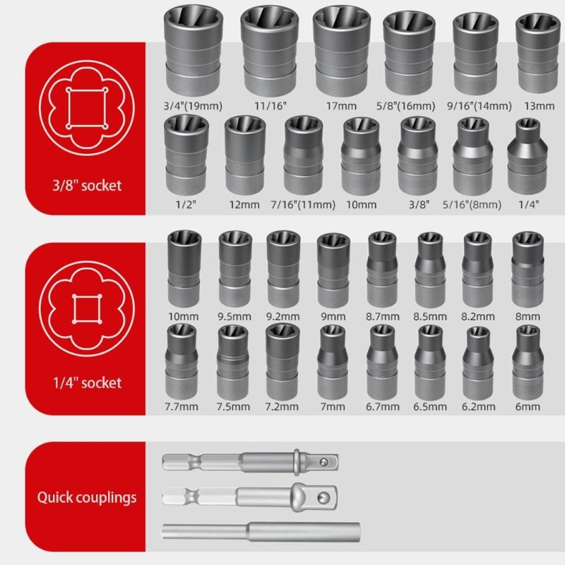 32 Piece Damaged Nut And Bolt Extractors Set Heat Treated Alloy Steel Construction Double Drives Compatibility 29 Size For Automotive Machinery