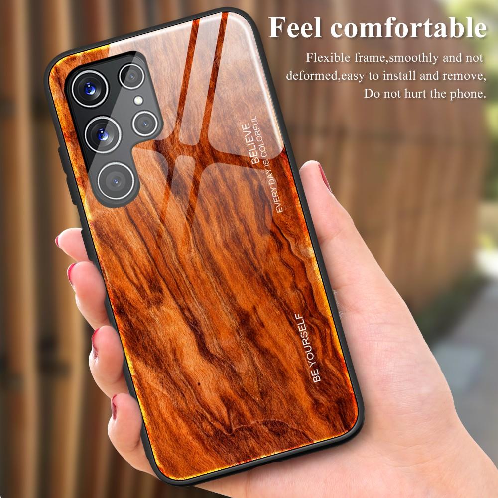 

Для Samsung Galaxy S22 Ultra 5G Деревянный узор Закаленное стекло Задняя крышка+TPU Края Гибридный Чехол для телефона Orange