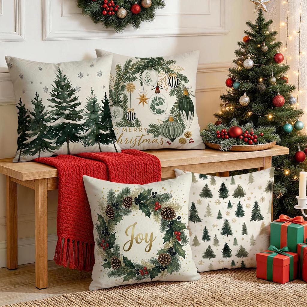 1/4pcs Christmas Pine Tree Snowflakes Cushions Pillowcase Polyester Cushion Cover Throw Pillow Pillowcover Home Car Sofa Decor