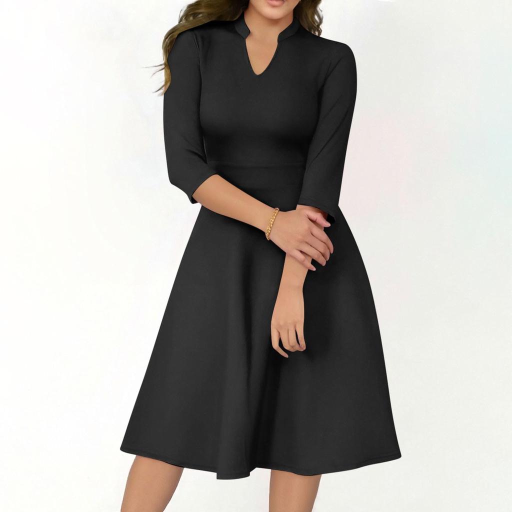 Women's Fashion V,Neck Three,Quarter Sleeve Church Work Dress With Pockets In Color