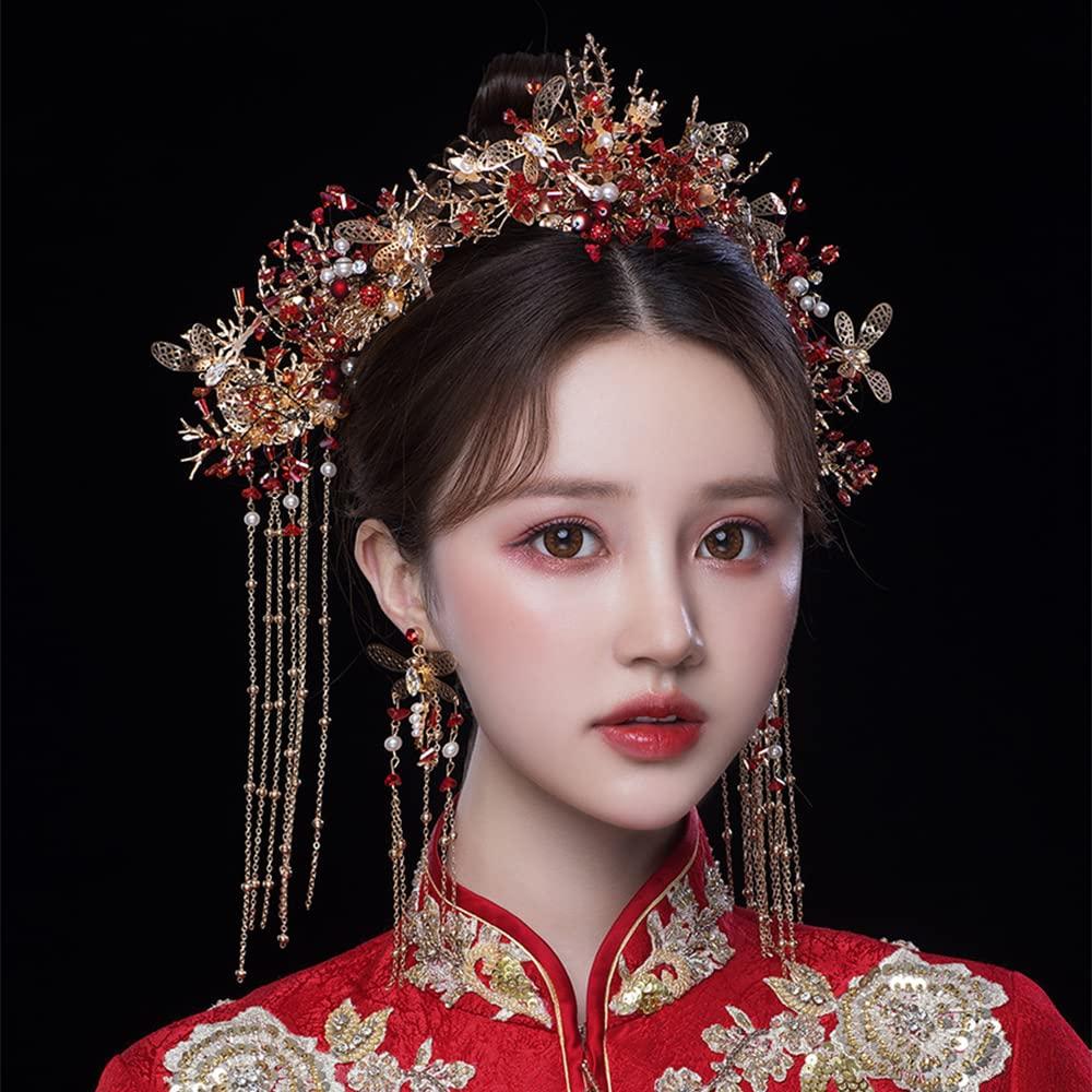 Chinese Wedding Bride Hair Accessory Chinese Crown Wedding Hair Accessories Red Flower Floral Beaded Flapper Headband Jeweled Bridal Wedding Tiara