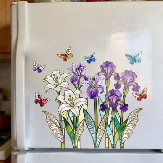 Colorful Spring Floral Window Cling Double-Sided Static Glass Sticker Stained Glass Effect Flowers Butterflies Window Decal for Kitchen Bedroom