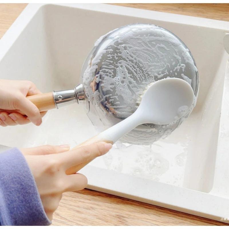 Wooden Handle Pot Washing Brush Multifunctional Long Handle Kitchen Cleaning Pot Brush Non Greasy Pot Dish Bowl Brush