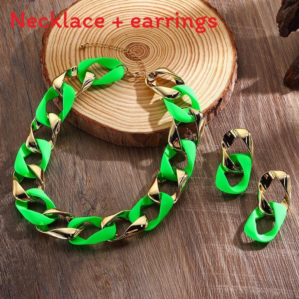 Fluorescent Resin Female Necklace And Earrings Jewelry Set With Electroplated Finish Autumn For