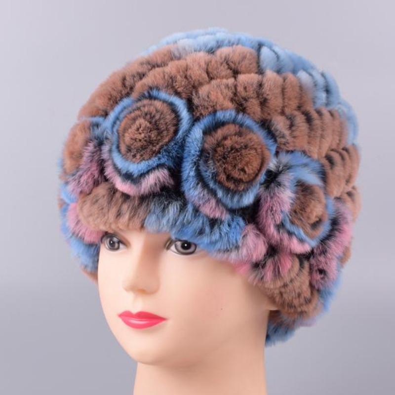 Raglaido Rabbit Fur Hats for Women Winter Floral Real Fur Hat Women's Beanies Elastic Warm Fashion Ladies Snow Hat LQ11204