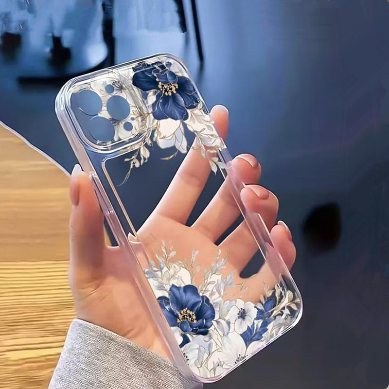 Przezroczyste Etui na Telefon z Wzorem Niebieskich i Białych Kwiatów Dla iPhone 17 16 15 14 Pro Max 13 12 11 XS X XR 7 8 Plus 16e 17Air Miękki Pokrowiec TPU