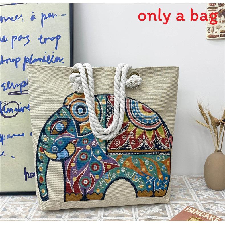 Ethnic Style Elephant Embroidered Canvas Shoulder Bag With Cotton Rope Strap For Casual Travel