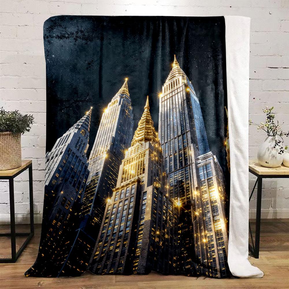Illuminated Skyscrapers with Golden Spires Against a Starry Night Sky. for All Seasons Blanket Lunch Break Throw Gift