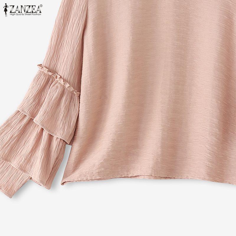 ZANZEA Women Casual Round Neck Ruffles Long Sleeve Loose Blouse
