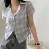Harajuku Fashion Pleated Plaid Slim Shirt Women High Street Vintage Shirring Shirts Office Lady Chic Design Casual Tops 2026 New