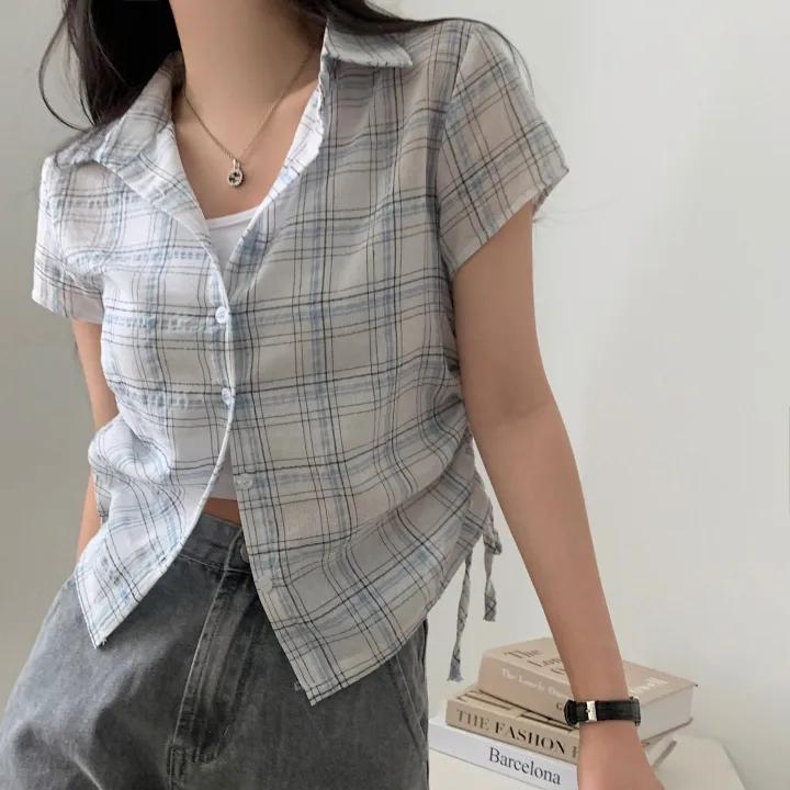 

Harajuku Fashion Pleated Plaid Slim Shirt Women High Street Vintage Shirring Shirts Office Lady Chic Design Casual Tops 2026 New S белый