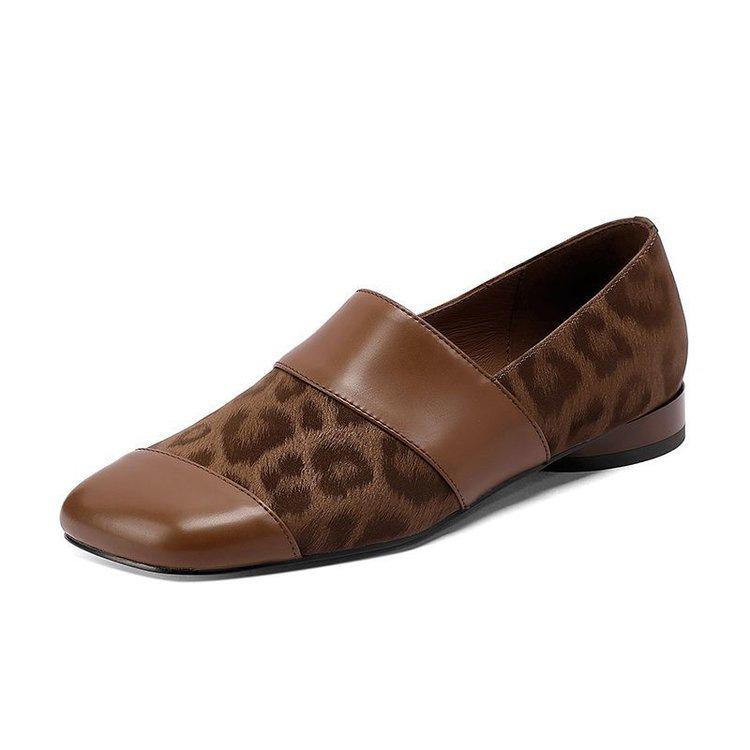 New leopard print spell comfortable low heel light mouth single shoes small leather shoes retro lazy shoes 41 коричневый 3170₽