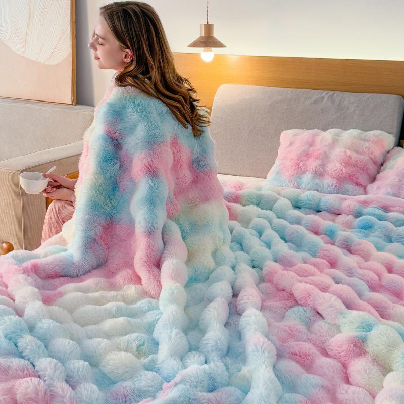 Double-Sided Tie-Dye Faux Rex Rabbit Fleece Throw Blanket