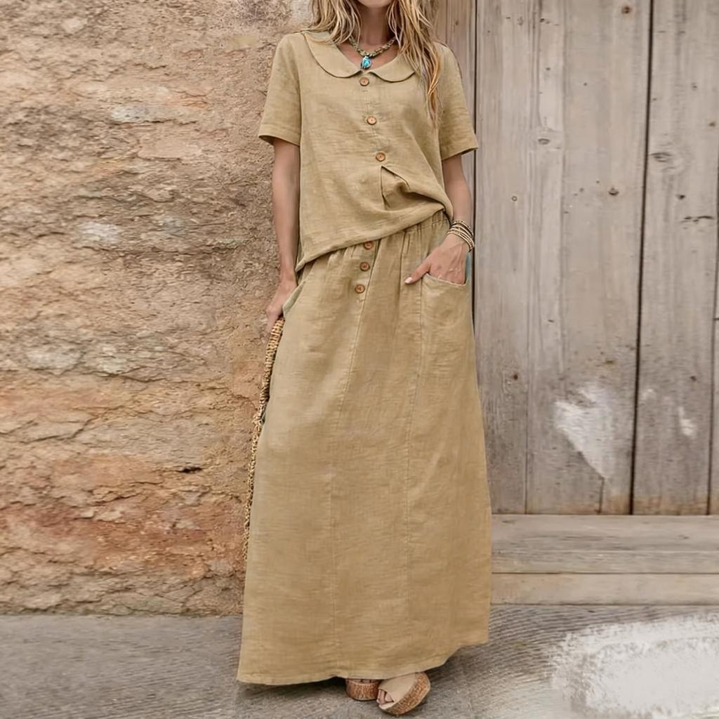 Women's Fashionable Loose-Fit Cotton-Linen Blend Top And Skirt Two-Piece Casual Set