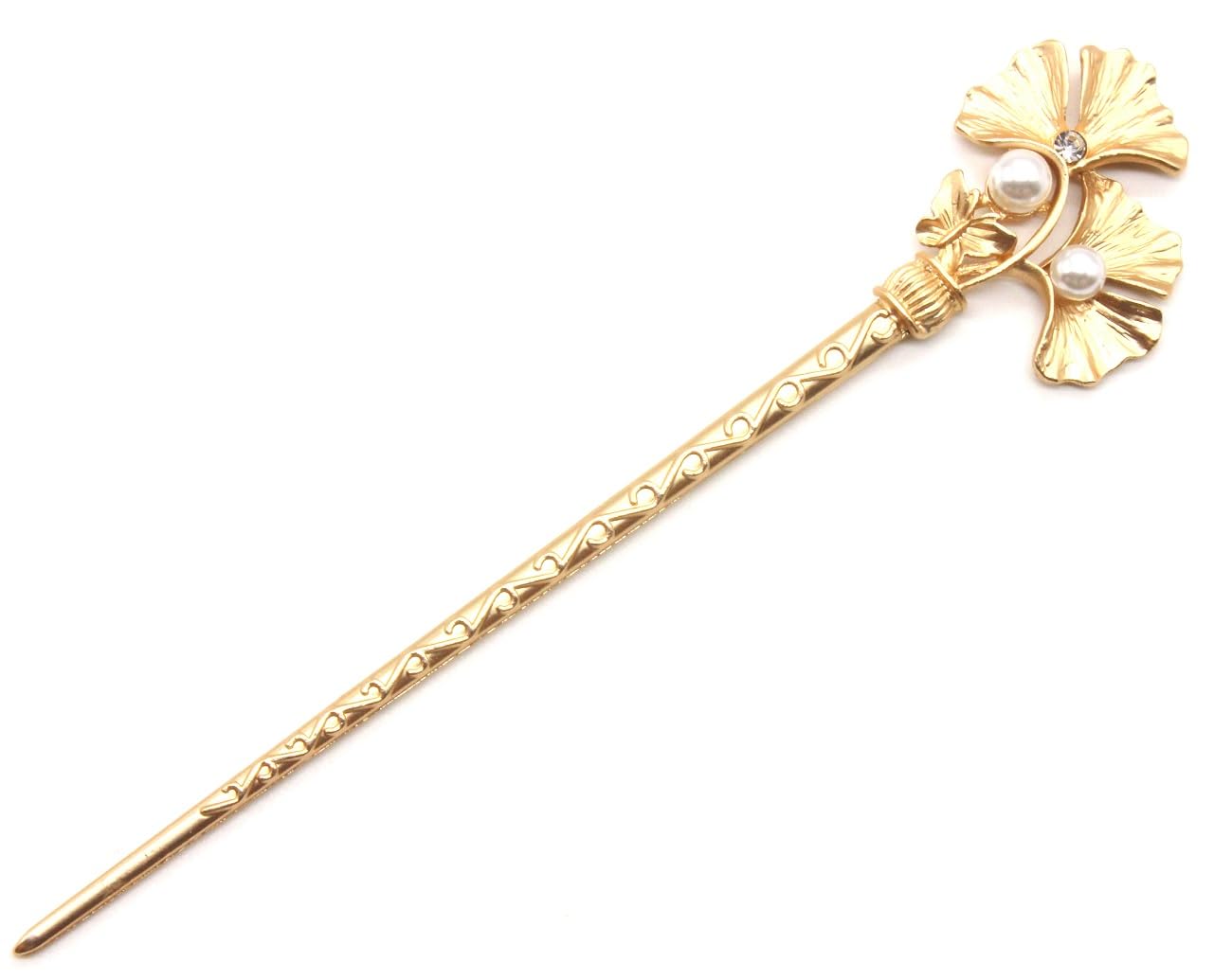 

[Miaomyao] Kanzashi (Hairpin) - Single Hair Ornament for Yukata, Kimono, and Other Traditional Japanese Clothing - Pearl, Antique Ginkgo Leaf Design,