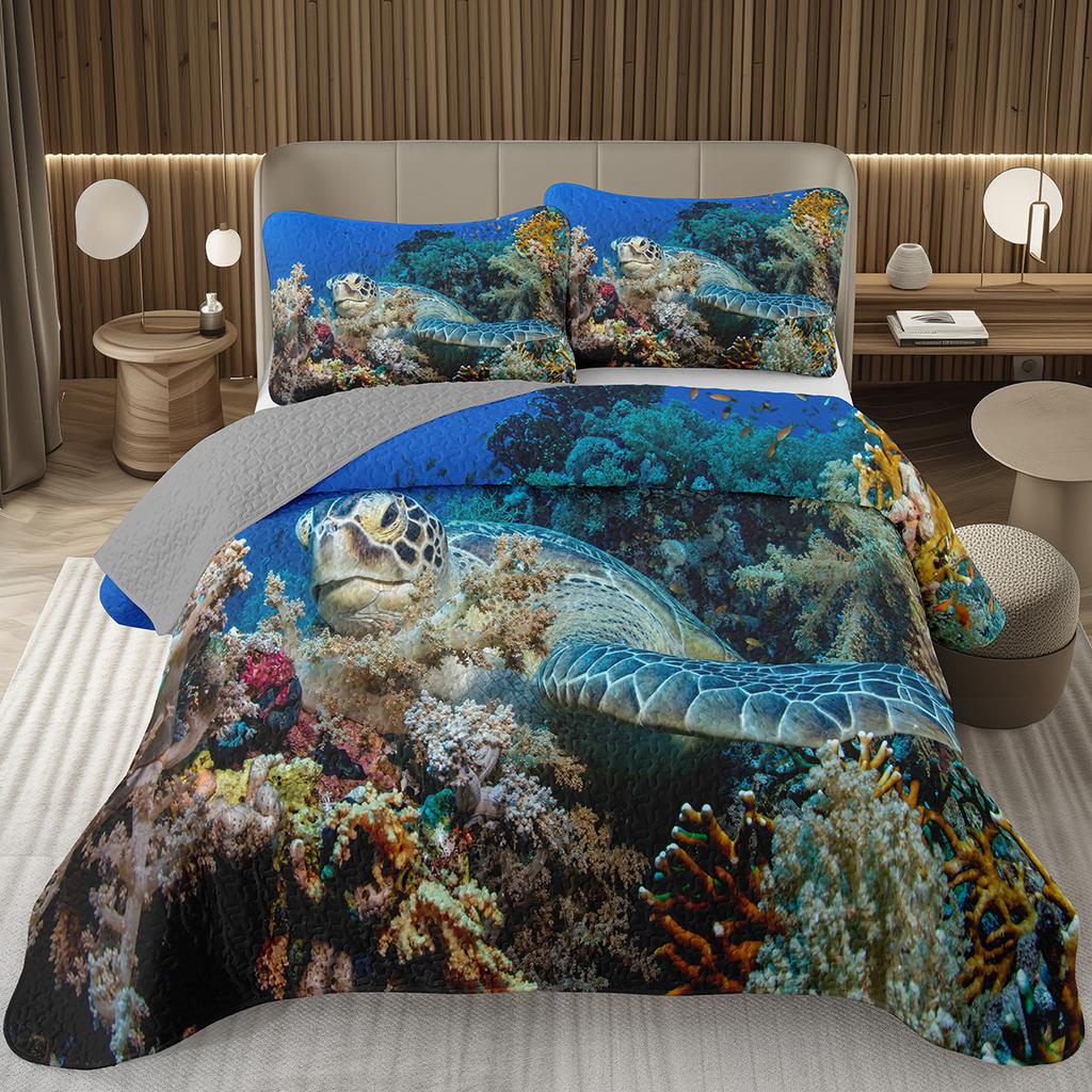 Sea Turtle Bedspread Queen Twin Underwater World Ocean Animal Coverlet Reptile Tortoise Print Quilted Bedding Set for Kids Adult