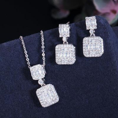 WWJ Shiny Baguette Cut Cubic Zirconia Earrings Pendant Necklace Sets