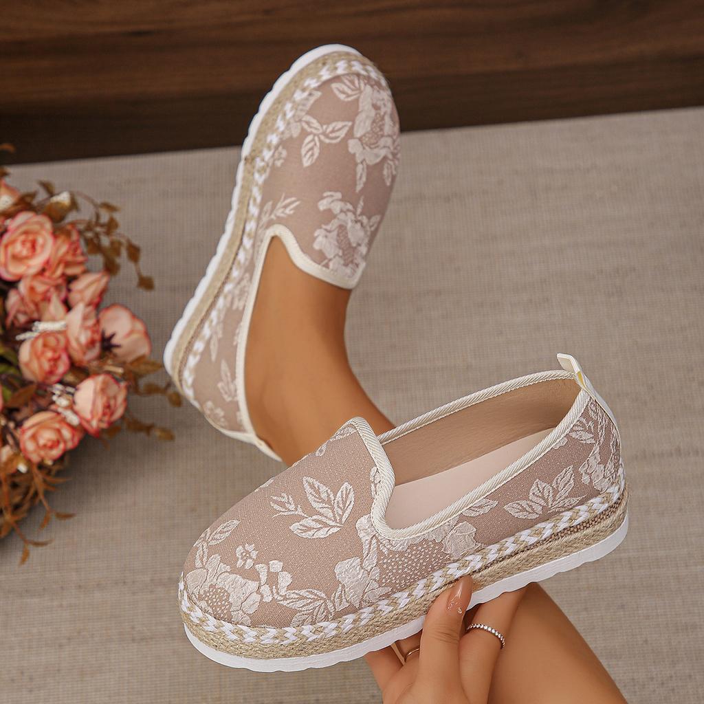 Große vielseitige Freizeitschuhe mit flachem Boden für Damen, bestickt mit Hanfseil und dicker Sohle