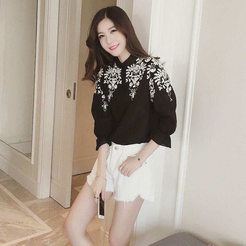 Female Long Women Sleeve Embroidery Blouse Shirt Korean Flower Tops Shirt Fresh