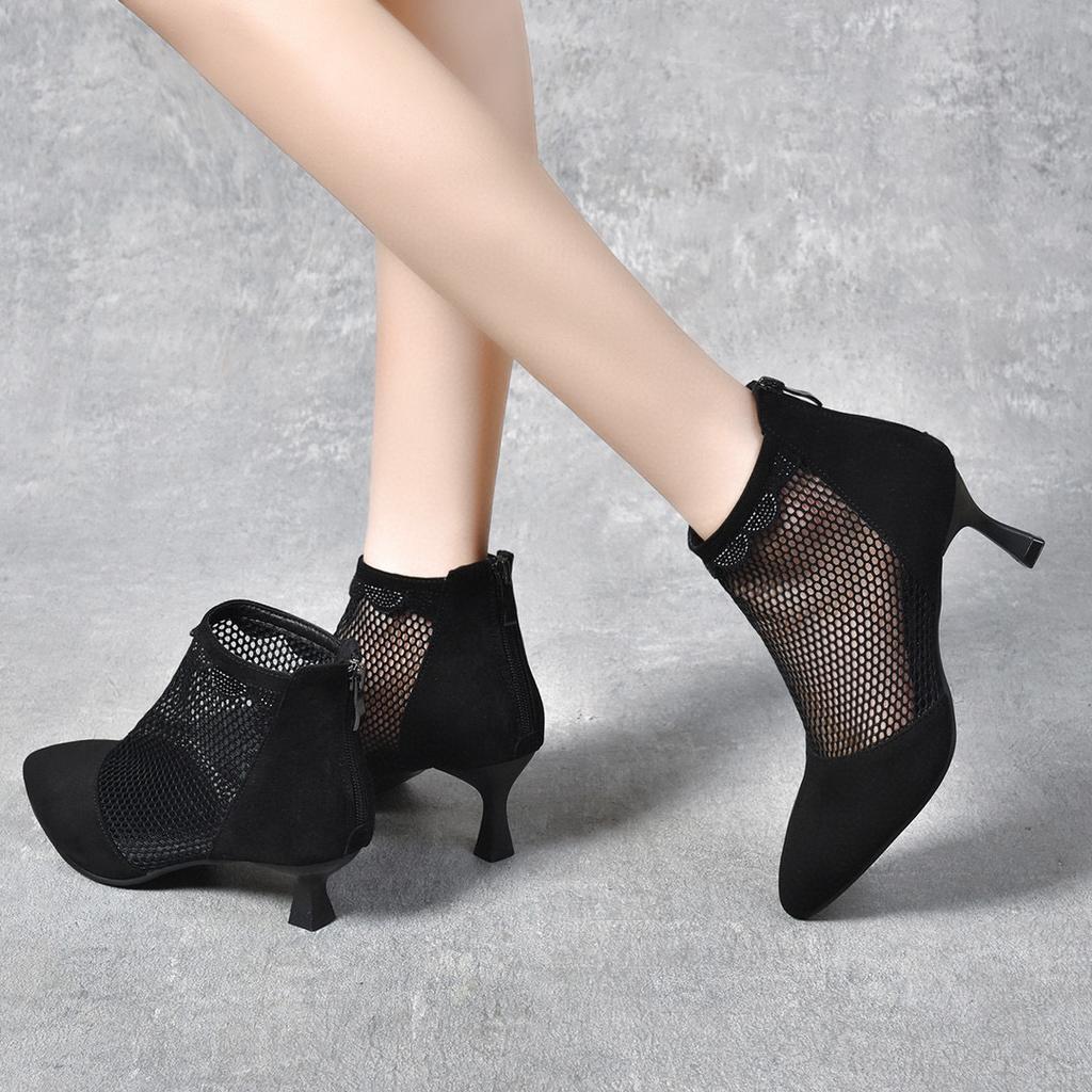 Pointed High Heels Women's Spring and Summer Fashion Mesh Fine Heel Single Shoes Rear Zipper Fashion Shoes Women's Mesh Shoes