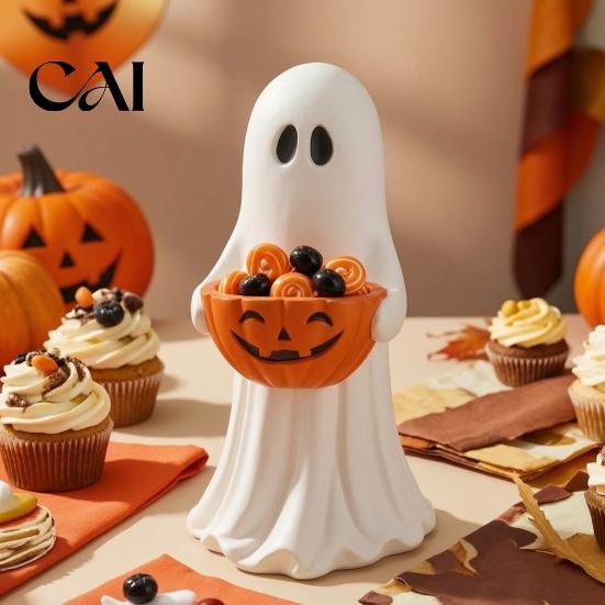 Kid Friendly Halloween Ornaments Resin Ghost Statue with Pumpkin Candy Bowl, Cute Figurine, Trick Seasonal Home Shelf Accessories or Treat Holder for