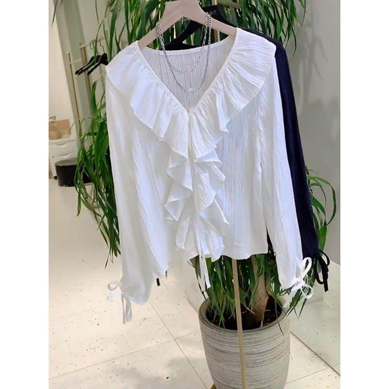 Buyer Store Gentle Ruffles Long Sleeves V-neck Shirt Female Early Autumn New Design Sense Niche Style Puff Sleeve Top