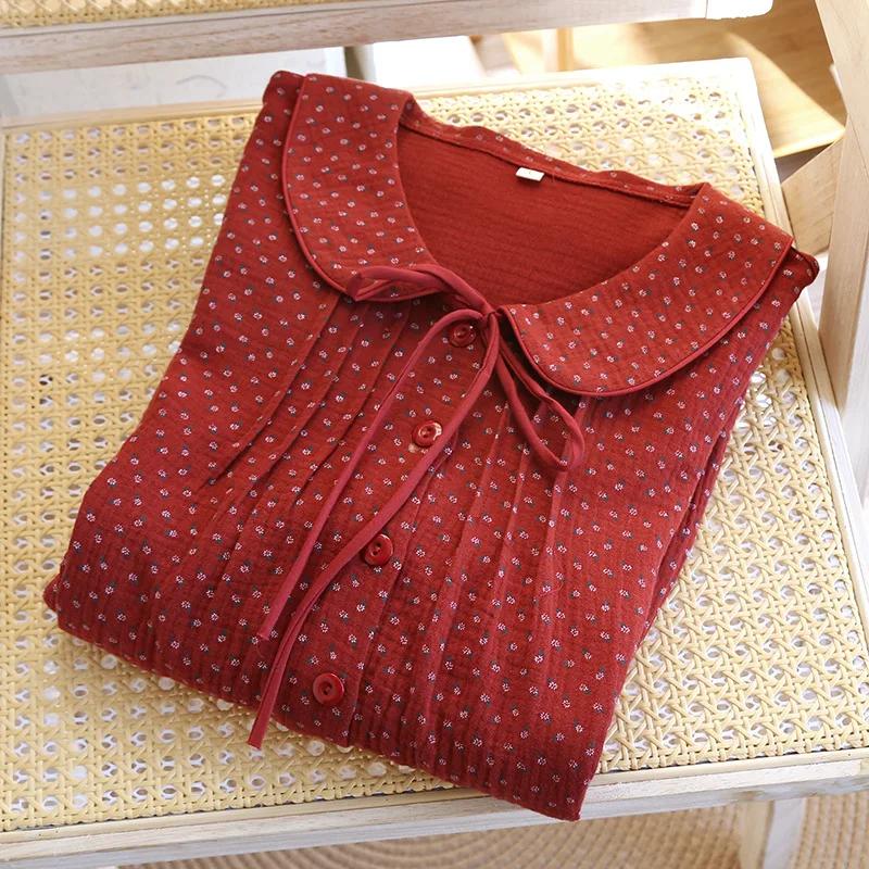 2026 New Spring and Autumn Women's Sleeping Skirt 100%Cotton Crepe Red Large Size Long Sleeve Home Sleeping Skirt Princess Skirt