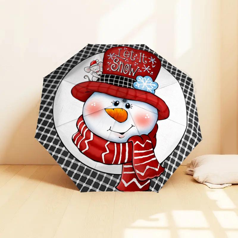 Let It Snow Winter Snowman Design Auto Open Close Umbrella - Foldable 3-Tier Design with 8-Bone Iron Frame, Perfect for Festive Gifts, Trave