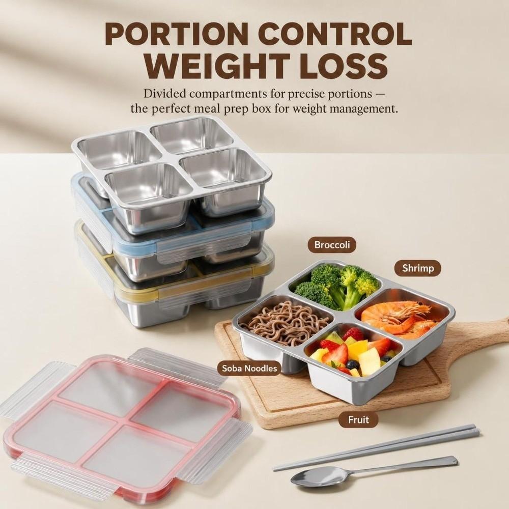 4 Grid Square Sealed Snack Box 304 Stainless Steel Thermal Lunch Box  School Office