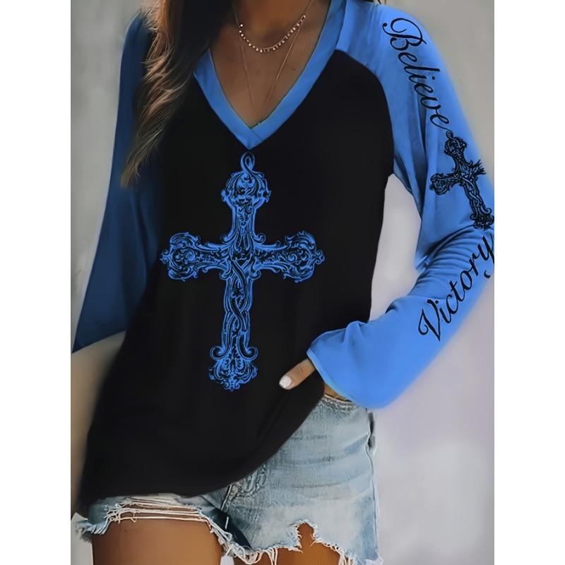 Plus Size Women's V-Neck Long Sleeve Cross Print T-Shirt Casual Loose Fit Top for Everyday Wear