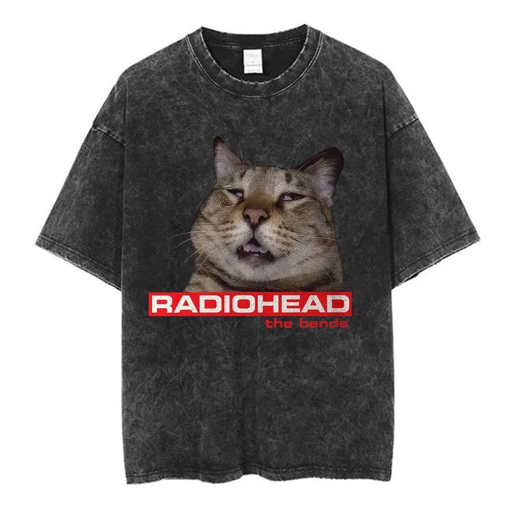 Rock Band Radiohead The Bend Funny Cat Vintage Washed T-shirt Men Women O-neck Cotton Streetwear Harajuku Fashion Casual Oversized Top Summer New Tee